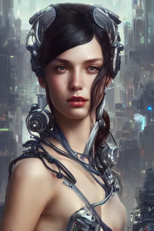 Prompt: Ultra realistic illustration, beautiful alluring female cyborg, cyberpunk, sci-fi, fantasy, intricate, elegant, highly detailed, digital painting, artstation, concept art, smooth, sharp focus, illustration, art by Yintion J , Jiang Geping and artgerm and greg rutkowski and alphonse mucha.