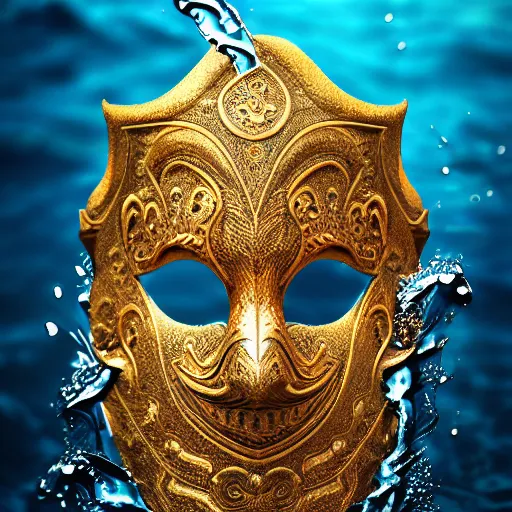 Image similar to an elaborate intricate mask made of water splashing into the waves, rendered in octane, behance hd, bokeh backdrop