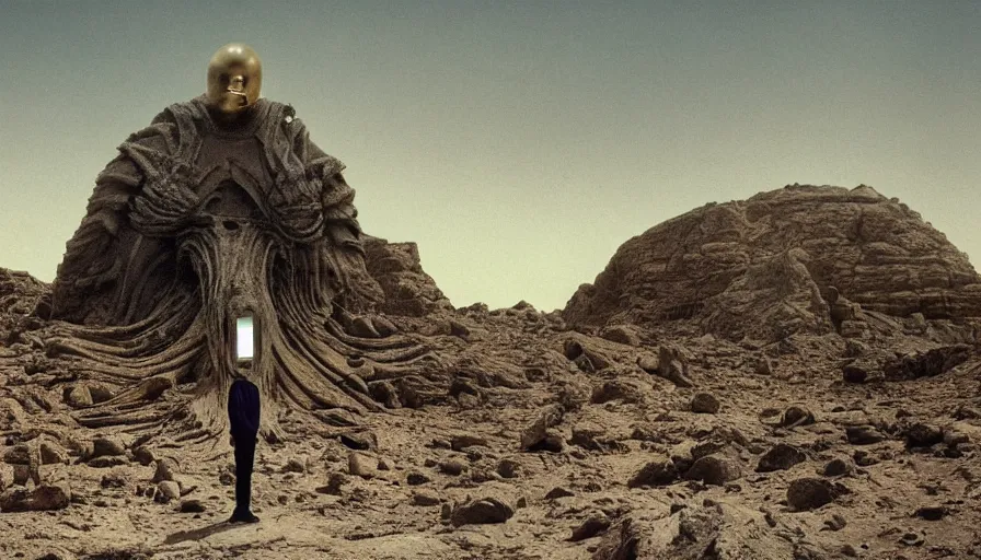 Prompt: levitating bene gesserit with full - face golden mask in a dry rocky desert landscape, alien ruins designed by giger, giant abandoned alien city by alejandro jodorowsky, anamorphic lens, kodakchrome, practical effects, masterpiece, 8 k