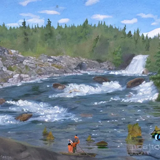Prompt: tardigrade fishing for salmon at Brooks Falls in Alaska, landscape painting by Moran and George Caitlin