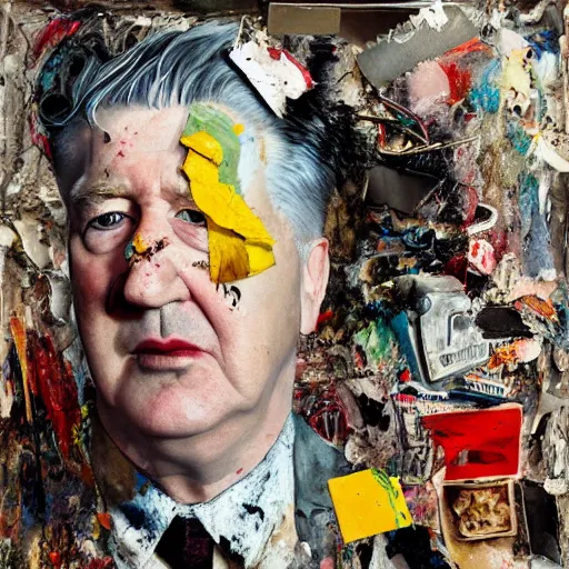 Image similar to hyperrealistic, photorealistic, mixed media oil painting of david lynch, magazine scraps, plaster, blood, oil, mustard, cigarettes, splatter, greg rutkowski, basquiat, ralph steadman, terry gilliam