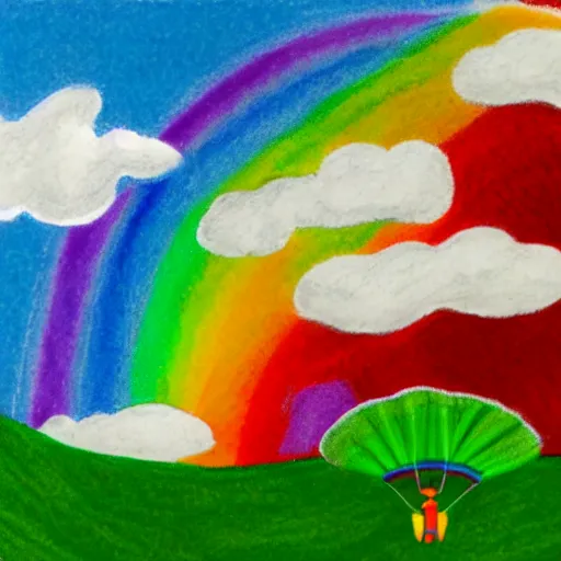 Image similar to crayon illustration of skydiver falling through rainbow, with soft puffy clouds beneath her sprawling over a green valley