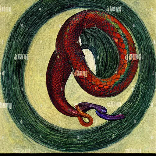 Image similar to ouroboros snake biting its own tail to make a circle, tinted colours, highly detailed head, famous painting in the style of Claude Monet,