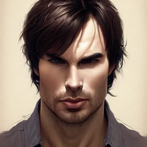 Image similar to portrait of ian somerhalder, wide angle, intricate, wild, highly detailed, digital painting, artstation, concept art, smooth, sharp focus, illustration, art by artgerm and greg rutkowski and alphonse mucha - W 768