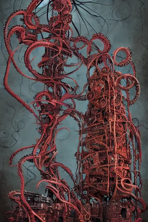 Image similar to lovecraftian biomechanical machine tower with fleshy tendrils and eyeball at top overlooking dystopian wasteland, highly detailed, colorful with red hues