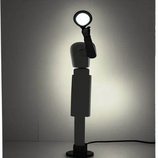 Image similar to a glowing robot girl, standing on a step stool. the glowing robot girl is replacing a defective lightbulb. there is a lampshade above the step stool. dark room.