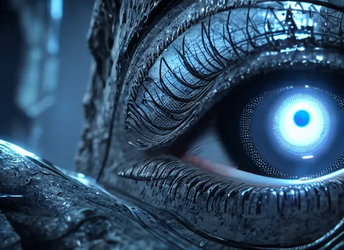 Image similar to Cybernetic human eye. Intricate. Very detailed 8k. Fantasy horror. Sharp. Cinematic post-processing. Unreal engine. Nanite. Ray tracing. Parallax. Tessellation