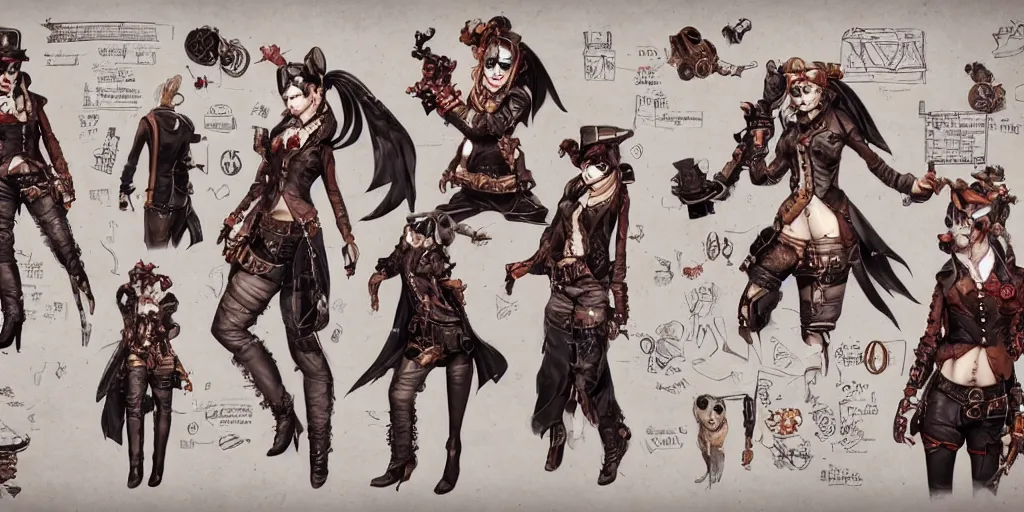 Image similar to steampunk harley quinn, character sheet, concept design, contrast, kim jung gi, greg rutkowski, zabrocki, karlkka, jayison devadas, trending on artstation, 8 k, ultra wide angle, pincushion lens effect