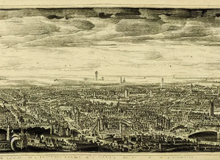 Prompt: detail from Hollar’s Panoramic view of future London, 1647