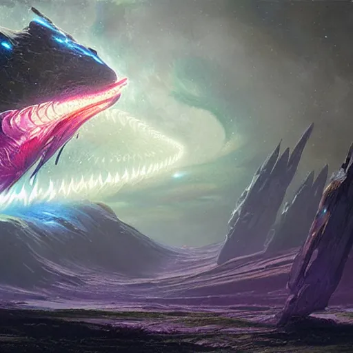 Image similar to matte digital artwork of the galactic beast, iridescent scales, by greg rutkowski and tim white