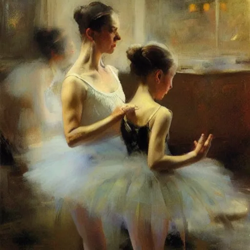 Prompt: ballerinas, by jeremy mann, anders zorn.