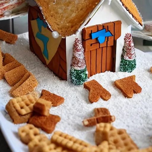 Image similar to a cinnamon - toast - crunch house, party platter, arranged to look like a house, for the holidays
