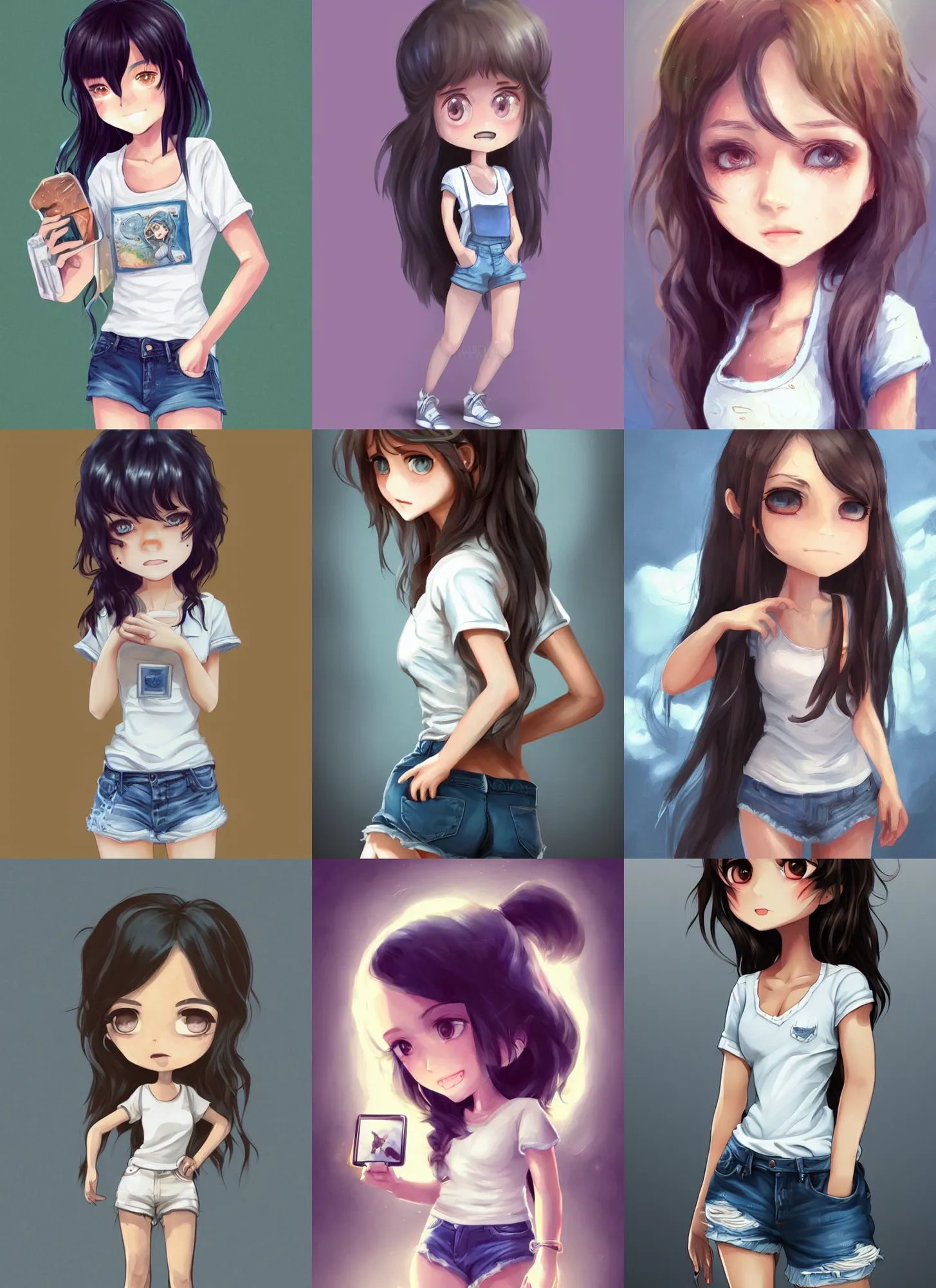 Prompt: a cute girl in a white t - shirt and denim shorts, dark hair, intricate, highly detailed, digital painting, art station, concept art, smooth, sharp focus, illustration, advanced digital chibi art, atmospheric lighting, detailed face, inspired gacha club game