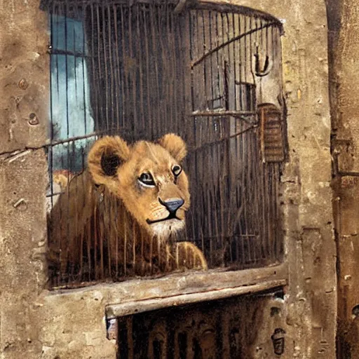 Image similar to adorable lion cub in a cage on a medieval fantasy market, oil painting, by greg rutkowski