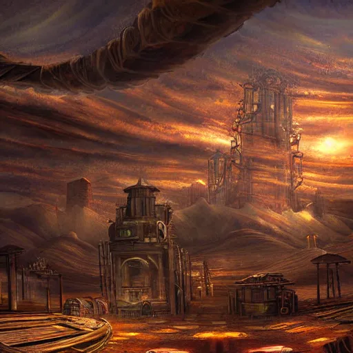 Prompt: panoramic steampunk landscape concept art dynamic illumination digital art by brown n 4