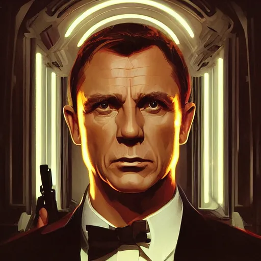 Image similar to symmetry!! portrait of james bond, sci - fi, glowing lights!! intricate, elegant, highly detailed, digital painting, artstation, concept art, smooth, sharp focus, illustration, art by greg rutkowski and alphonse mucha