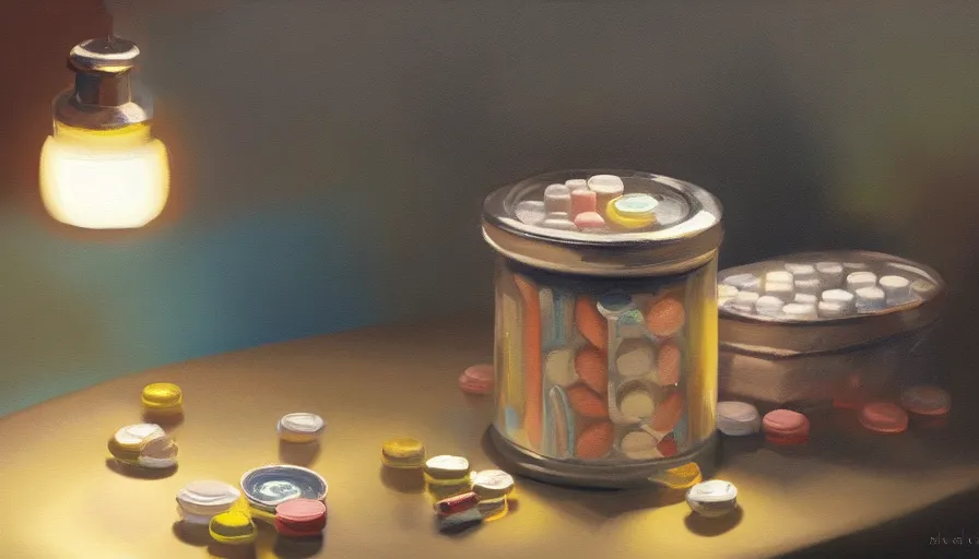 Image similar to an oil painting of a tub of pills, illustration, cinematic lighting, establishing shot