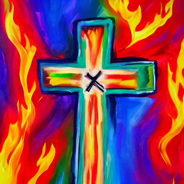 Image similar to cross on fire burning in flames, rainbow colors, oil painting, bold strokes
