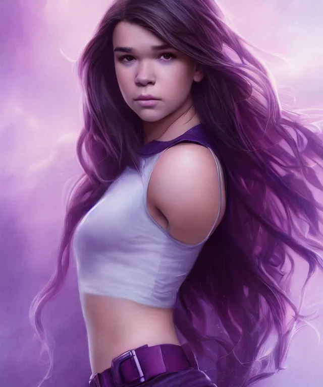 Prompt: hailee steinfeld as kate bishop by charlie bowater and titian and artgerm, full - body portrait, intricate, face, new york city, muscular arms, elegant, purple mist, beautiful, highly detailed, dramatic lighting, sharp focus, trending on artstation, artstationhd, artstationhq, unreal engine, 4 k, 8 k