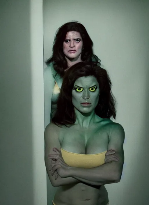 Prompt: a color photo portrait of she hulk in la by gregory crewdson, dramatic lighting, 7 5 mm lens, sharp focus.