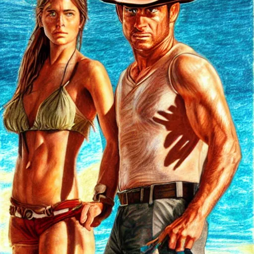 Image similar to dexter Morgan and Indiana jones go to the beach, portrait, highly detailed, colored pencil