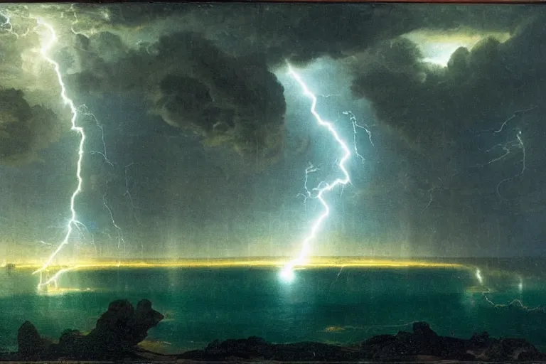 Image similar to doomsday, refracted lightnings on the ocean, thunderstorm, greek pool, beach and Tropical vegetation on the background major arcana sky and occult symbols, by paul delaroche, hyperrealistic 4k uhd, award-winning, very detailed paradise