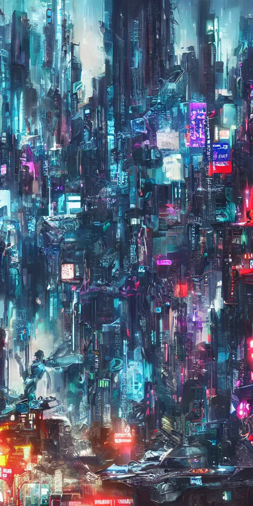 Prompt: hd photo of futuristic paintings displayed on big screen in cyberpunk city, enormously detailed, digital painting style of Jeszika Le Vye