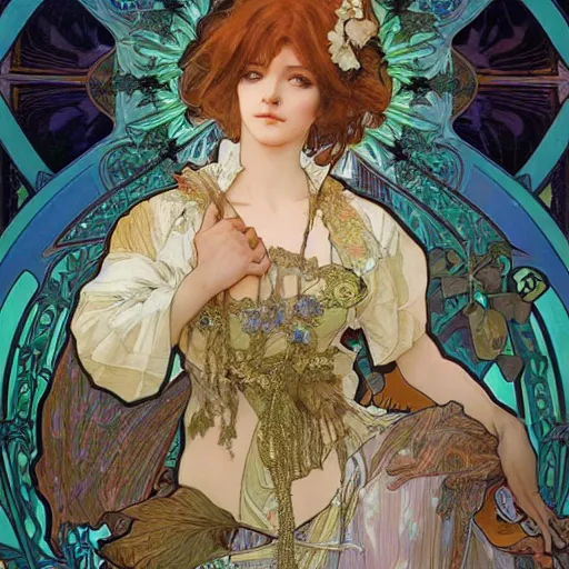 Prompt: realistic detailed face portrait of a beautiful young kender by Alphonse Mucha, Ayami Kojima, Amano, Greg Hildebrandt, and Mark Brooks, Art Nouveau, Neo-Gothic, gothic