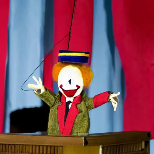 Image similar to puppet show of a string marionette of a president with clown makeup in a podium