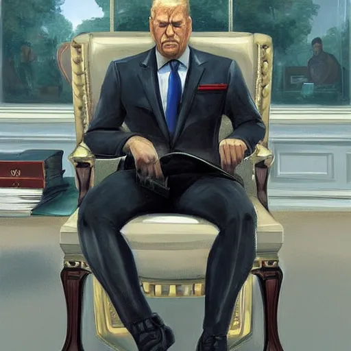 Image similar to senator armstrong from metal gear rising revengeance sitting in oval office behind resolute desk, oil painting, presidential portrait