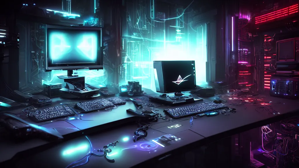 Image similar to a cyberpunk overpowered computer. Overclocking, watercooling, custom computer, cyber, mat black metal, alienware, futuristic design, desktop computer, desk, home office, whole room, minimalist, Beautiful dramatic dark moody tones and lighting, orange neon, Ultra realistic details, cinematic atmosphere, studio lighting, shadows, dark background, dimmed lights, industrial architecture, Octane render, realistic 3D, photorealistic rendering, 8K, 4K, computer setup, highly detailed