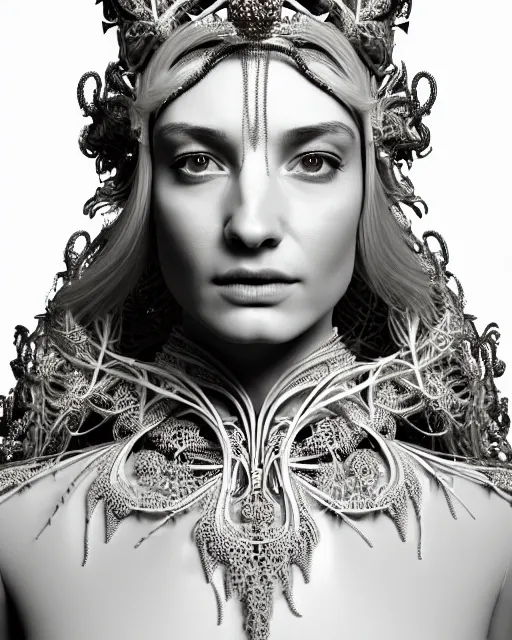 Image similar to bw 3 d render of a beautiful female queen - cyborg - vegetal, dressed in long elegant intricate ornamental white dress, intricate fractal ornament in the bust with a very long neck, elegant, highly detailed intricate baroque ornament in her blond long hair, realistic, refined, highly detailed, cinematic outdoor lighting, fine art photography by flora borsi, volumetric lighting, hyper realistic photography
