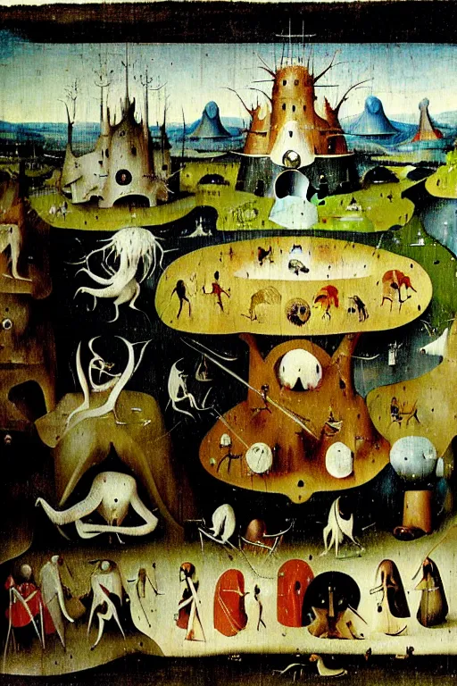 Image similar to a beautiful landscape with weird creatures by hieronymus bosch