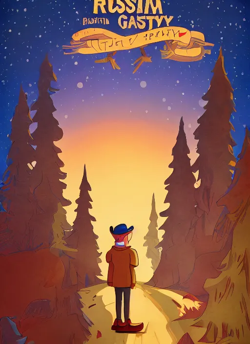 Image similar to Russian bootleg gravity falls poster, dramatic theming, disney animated series, mood lighting, unfortunate, hand painted cartoon art style, brutal, autumn, golden sunset, nostalgia, scenic, with text, 8k, award winning