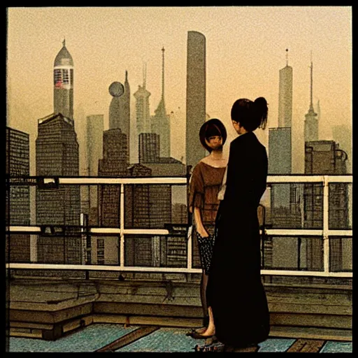 Image similar to a small rooftop with a couple of modern teenagers, standing and talking to each other, highly detailed, wearing black modern clothes, modern shanghai bund is on the background, dust, sunset, by gregory crewdson, carlos schwabe