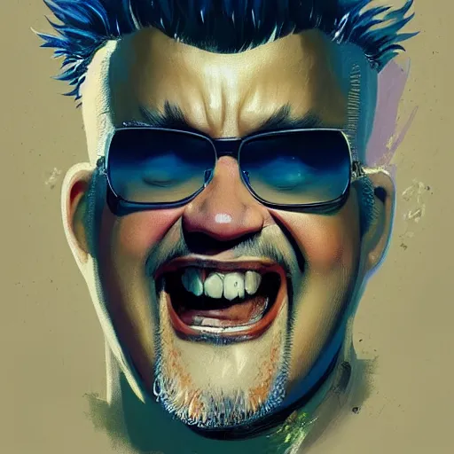 Image similar to a beautiful portrait of guy fieri with no teeth, toothless, gums!!! by greg rutkowski and bill sienkiewicz trending on artstation