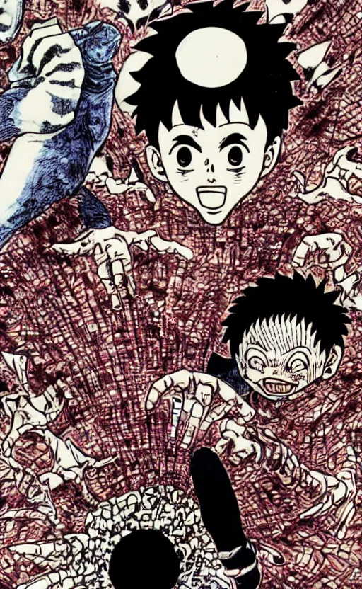 Image similar to Junji Ito, Hirohiko Araki, Akira Toriyama, detailed colorized manga illustration