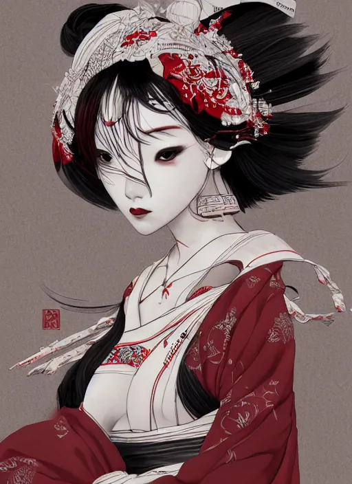 Prompt: maiko hungry, fluent composition, red white and black, concept art, ambient light, 4 k, intricate details, highly professionally detailed, cgsociety, highly detailed -