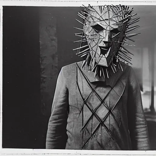 Image similar to a 1920 photography of a man with a hellraiser mask in silent hill town