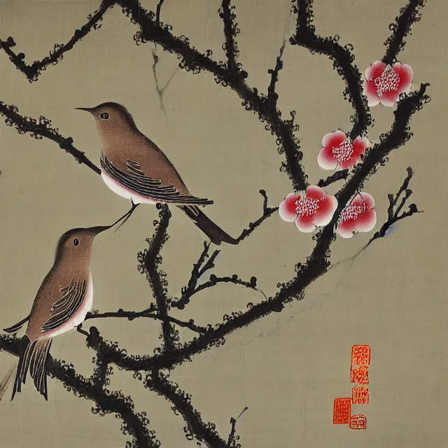 Image similar to a beautiful painting two nightingales kissed on the plum tree, by zhang daqian painting