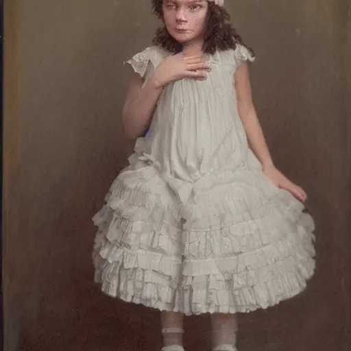 Prompt: A portrait of a grumpy young girl in a frilly dress