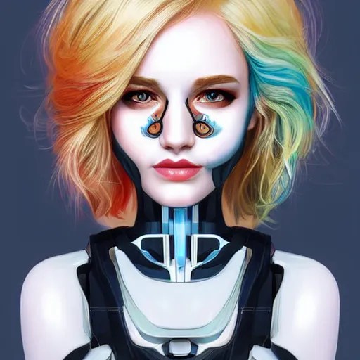 Prompt: android robot woman face painting, looking straight to camera, blond hair, muted colors, matte print, pastel colors, ornate, digital art, cute smile, winning artwork, digital painting, professional art, elegant, by Ilya Kuvshinov, by artgerm