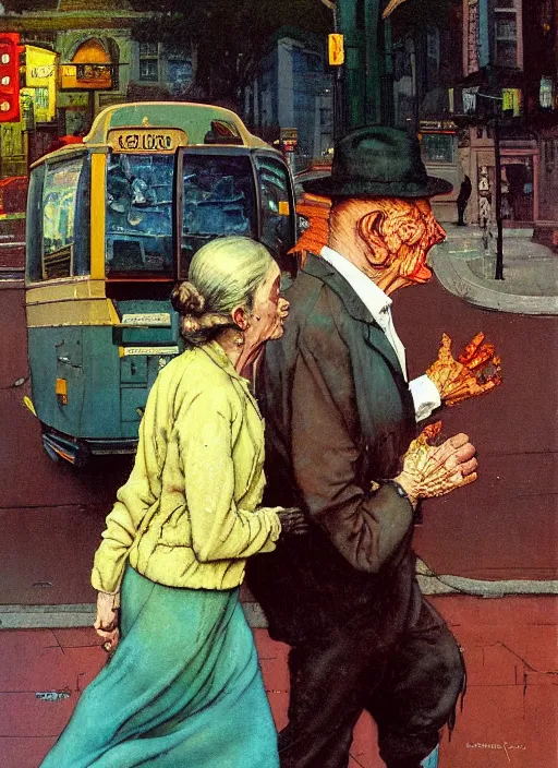 Prompt: realistic detailed image of an old dead couple crossing a busy street in the style of Francis Bacon, Surreal, Norman Rockwell and James Jean, Greg Hildebrandt, and Mark Brooks, triadic color scheme, By Greg Rutkowski, in the style of Francis Bacon and Syd Mead and Edward Hopper and Norman Rockwell and Beksinski, open ceiling, highly detailed, painted by Francis Bacon, painted by James Gilleard, surrealism, airbrush, Ilya Kuvshinov, WLOP, Stanley Artgerm, very coherent, art by Takato Yamamoto and James Jean