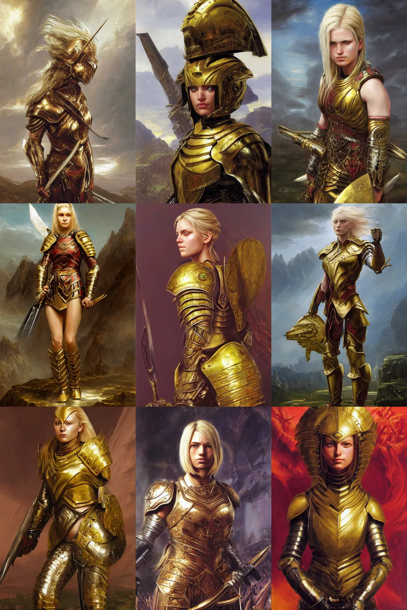 Image similar to beautiful female warrior, half body portrait, blond hair, heavy gold armour, realistic oil painting by Thomas Cole and Wayne Barlowe