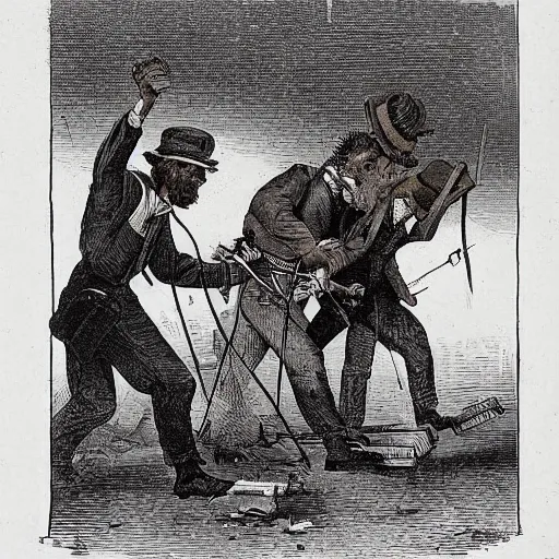 Prompt: luddites trying to destroy an image generator, digital art, sharp detail, 1 9 th century