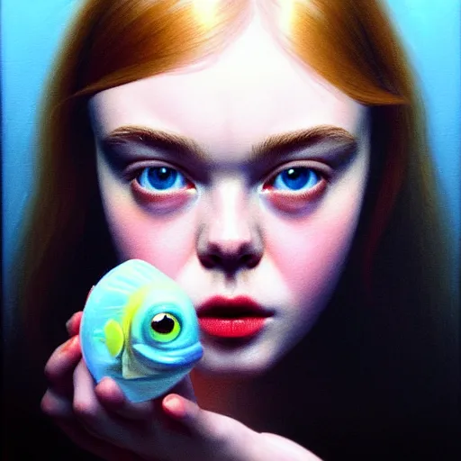 Prompt: portrait of a elle fanning wearing and a goldfish in a dark room with a window, detailed realism face in painting, detailed beautiful portrait, oil painting masterpiece, 8 k resolution, smooth, sharp focus, trending on artstation, by bruce pennington