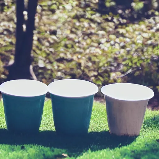 Image similar to 4 round, old, ceramic coffee cups strolling through an idyllic park while drinking coffee