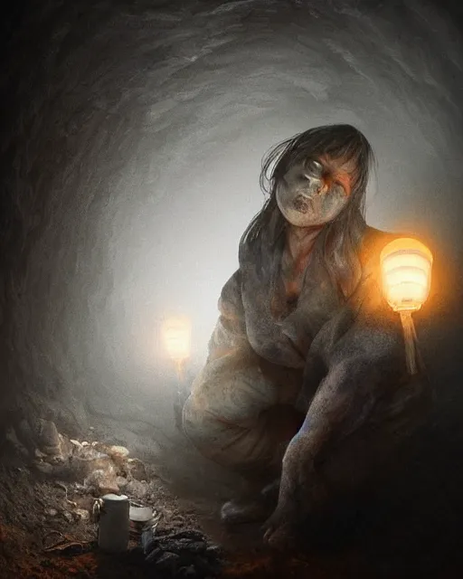 Image similar to a coalminer woman covered in coal dust in a mine lit by kerosene lamps, sweaty and gross pioneer work, scary cave lighting, detailed face, by makoto shinkai, stanley artgerm lau, wlop, rossdraws