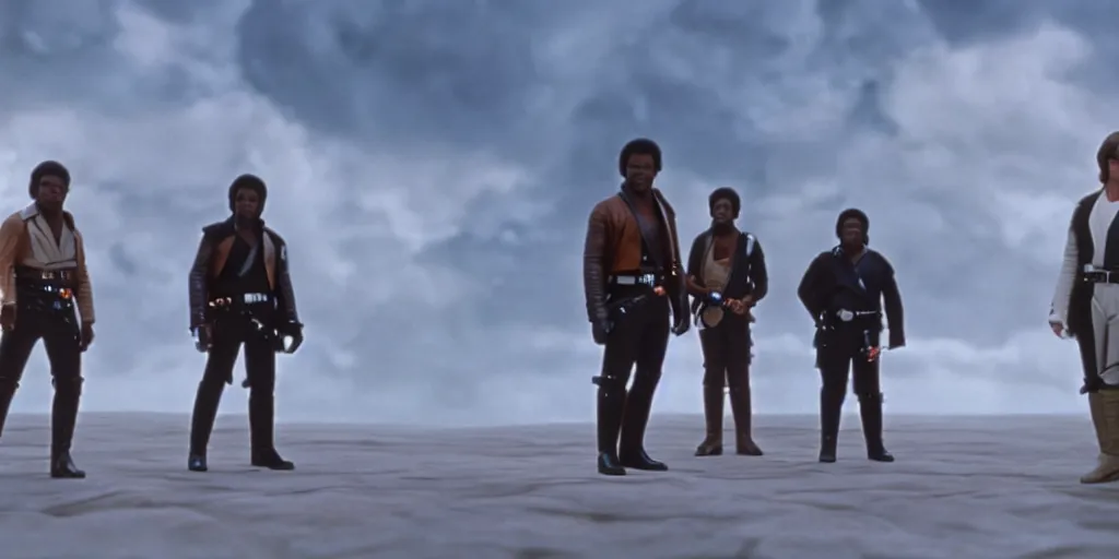 Prompt: screenshot of portrait Han Solo, Lando Calrissian and Luke Skywalker standing on an surreal minimalist a planet of maelstrom, the world without form, 1970s film by Stanley Kubrick, iconic scene, stunning cinematography, octane render, hyper-detailed, sharp, anamorphic lenses, kodak color, 4k, stunning