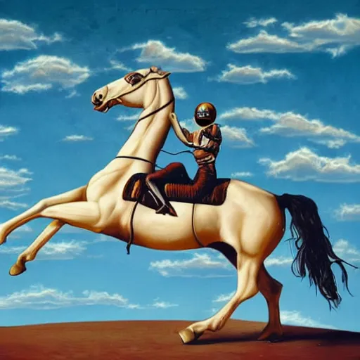 Image similar to the horse sat on the astronaut's head, on his back, style surrealism